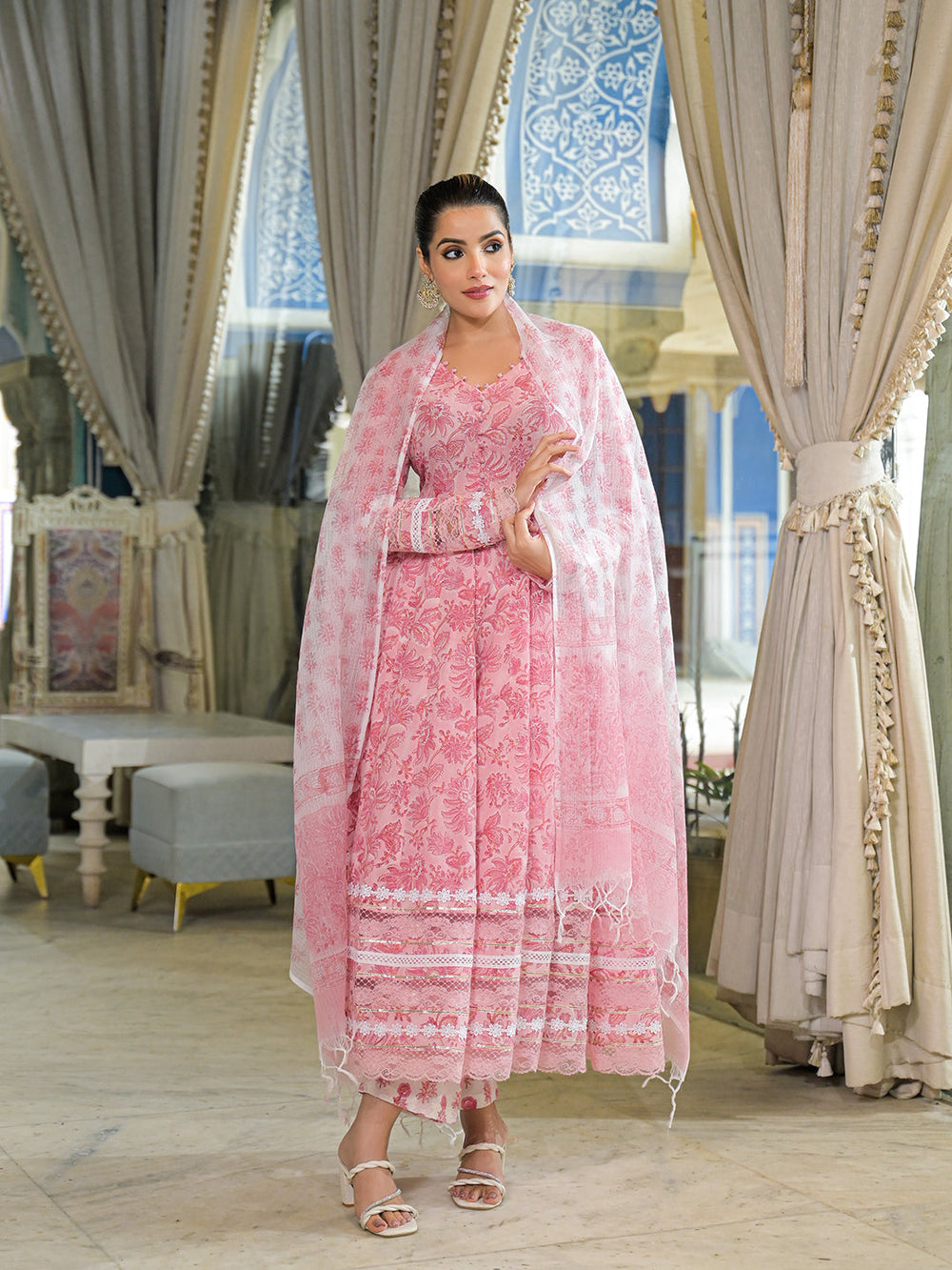 Pink-Cotton-Hand-Block-Anarkali-3-Piece-Kurta-Set