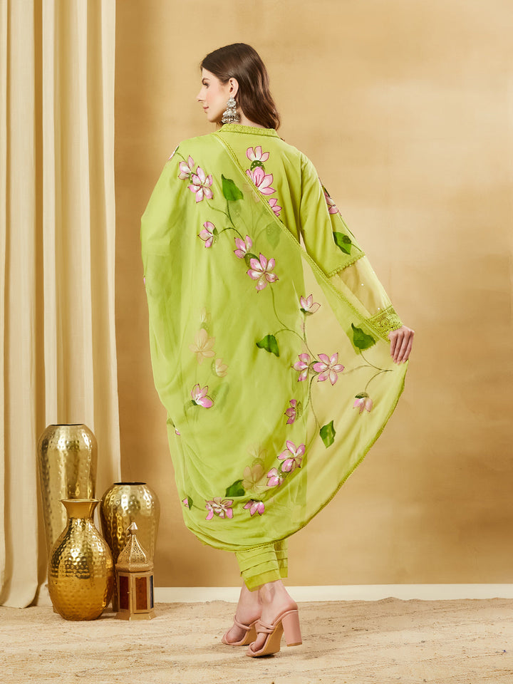 Green Hand Painted Cotton Kurta Pant Set With Dupatta