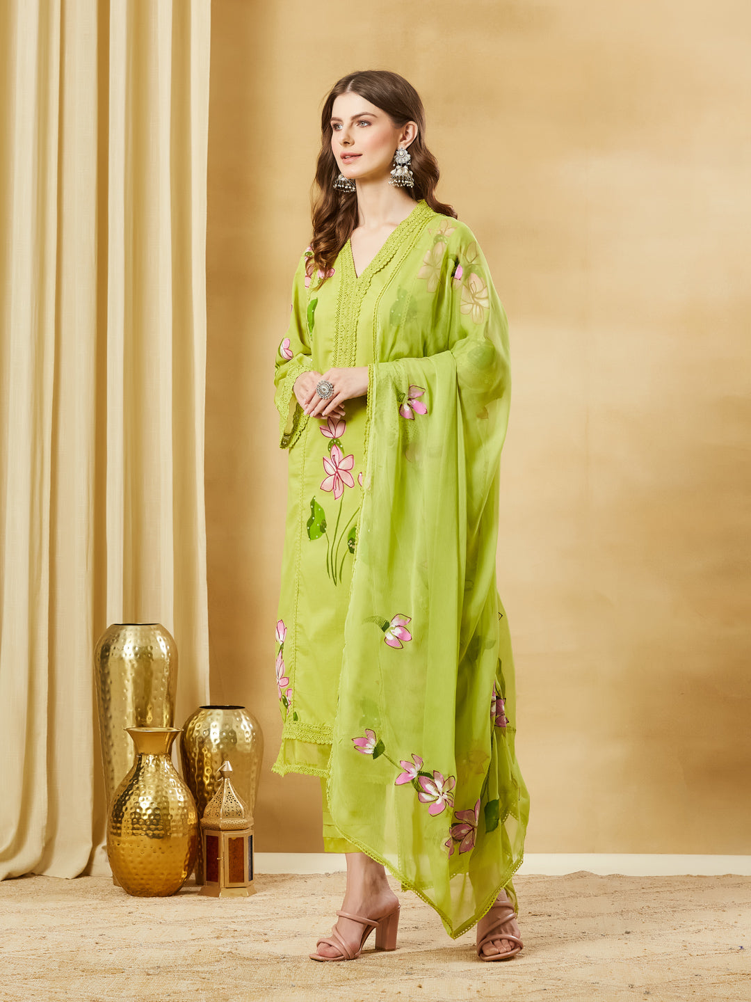 Green Hand Painted Cotton Kurta Pant Set With Dupatta
