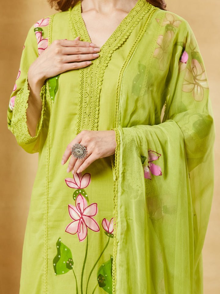 Green Hand Painted Cotton Kurta Pant Set With Dupatta