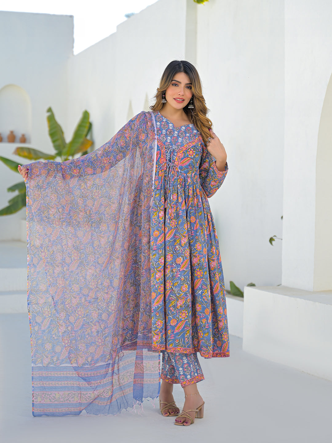 Sky Blue Hand Block Cotton Anarkali Kurta Pant Set With Dupatta