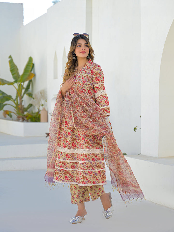 Beige Hand Block Cotton A-Line Kurta Pant Set With Dupatta