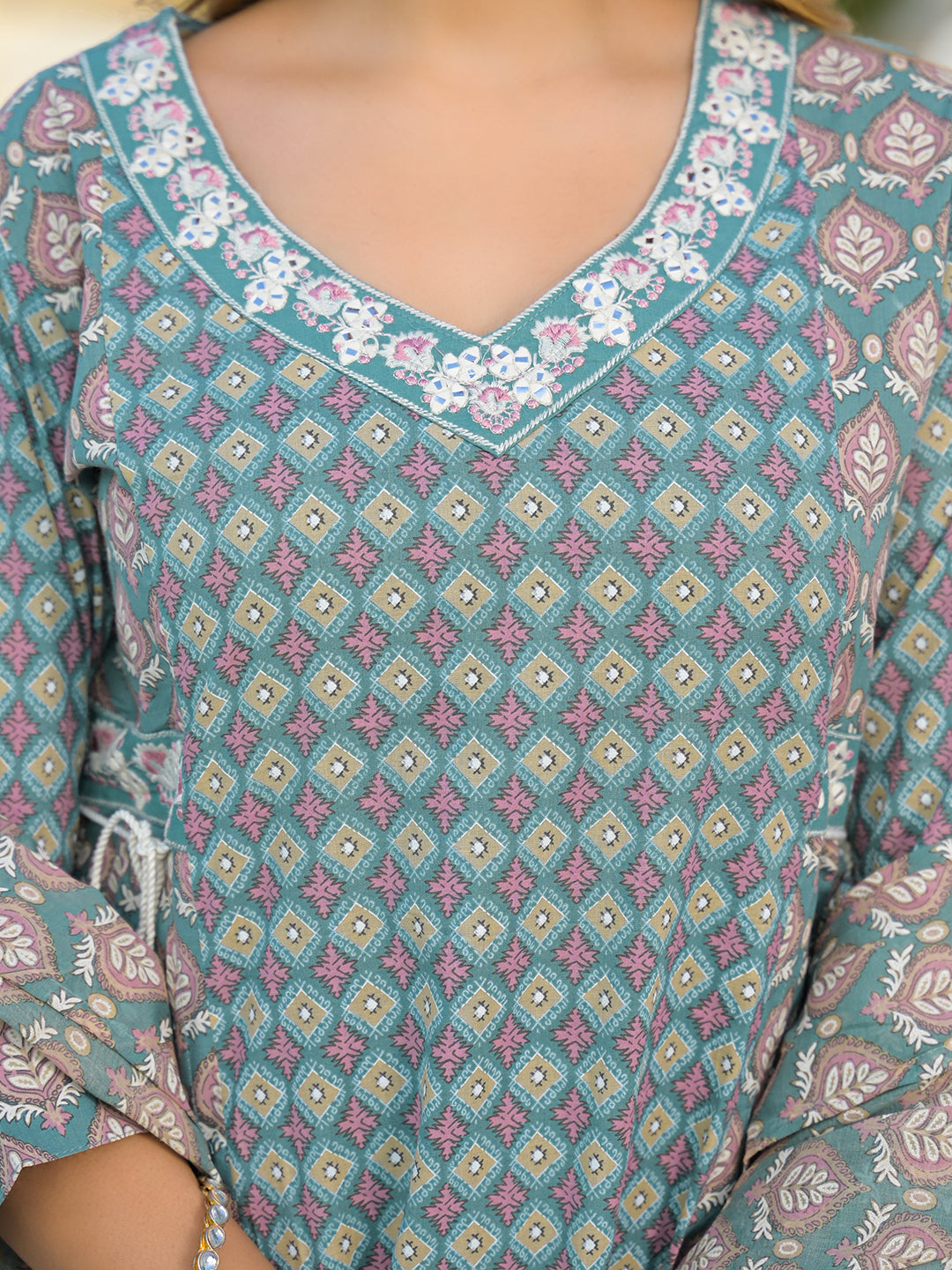 Turquoise Blue A-Line Cotton Kurta Pant Set With Dupatta