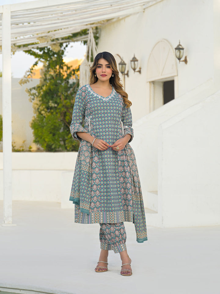 Turquoise Blue A-Line Cotton Kurta Pant Set With Dupatta