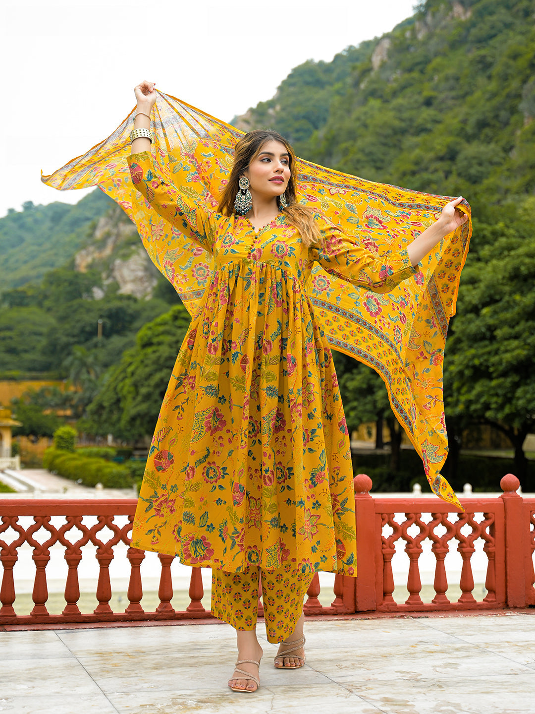 Mustard-Cotton-Floral-Print-Anarkali-3-Piece-Kurta-Set