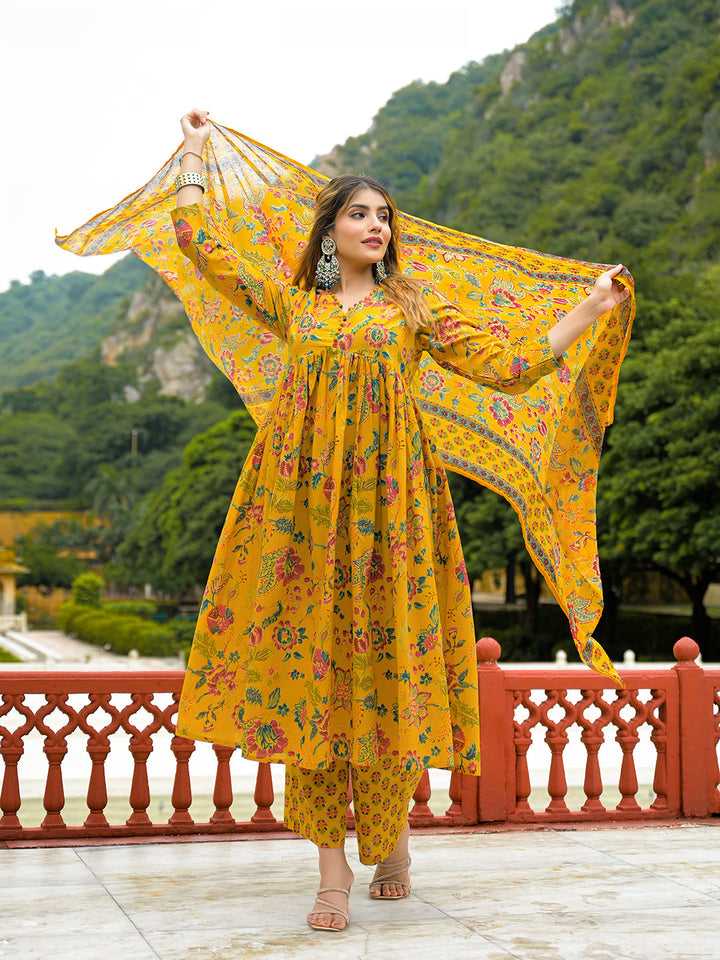 Mustard-Cotton-Floral-Print-Anarkali-3-Piece-Kurta-Set