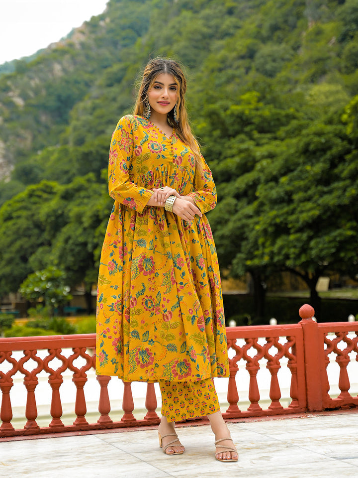 Mustard-Cotton-Floral-Print-Anarkali-3-Piece-Kurta-Set