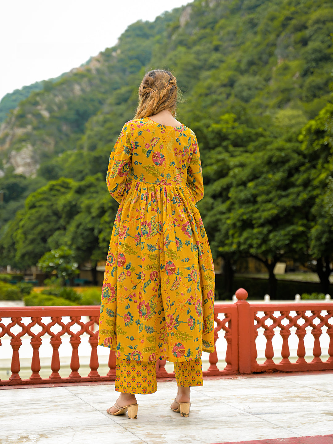 Mustard-Cotton-Floral-Print-Anarkali-3-Piece-Kurta-Set