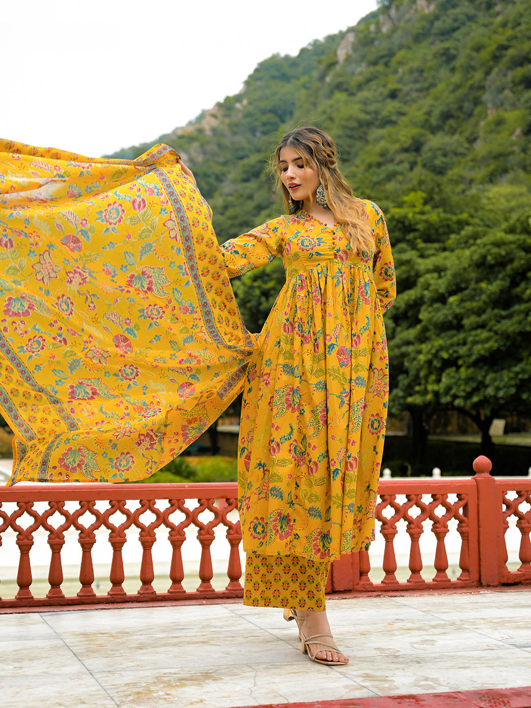Mustard-Cotton-Floral-Print-Anarkali-3-Piece-Kurta-Set