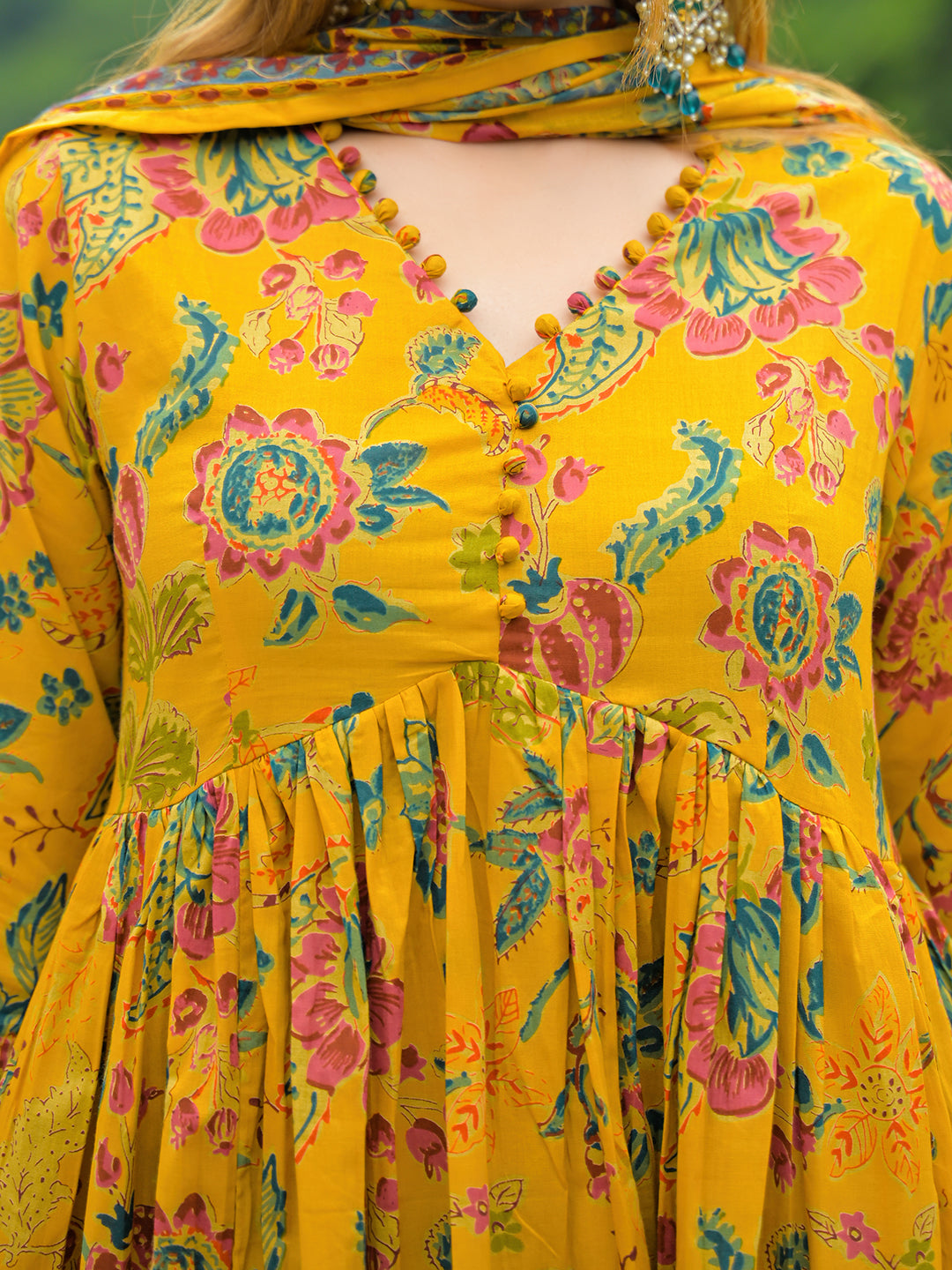 Mustard-Cotton-Floral-Print-Anarkali-3-Piece-Kurta-Set