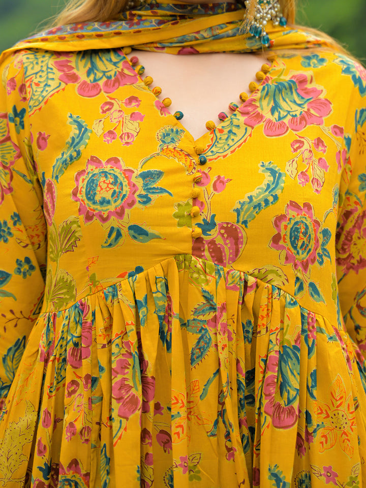 Mustard-Cotton-Floral-Print-Anarkali-3-Piece-Kurta-Set