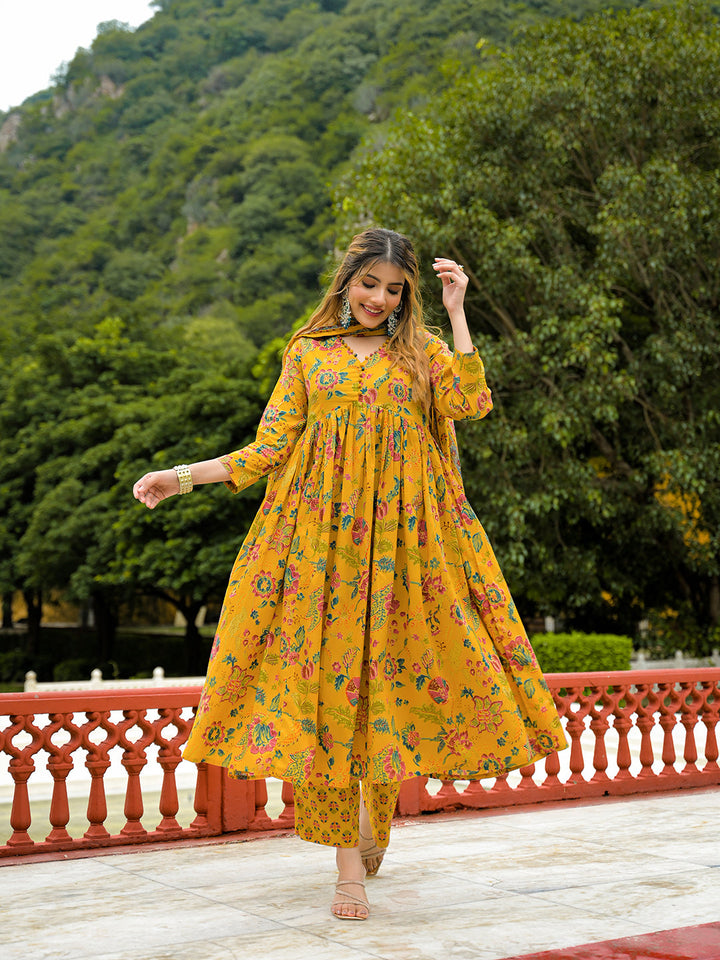 Mustard-Cotton-Floral-Print-Anarkali-3-Piece-Kurta-Set
