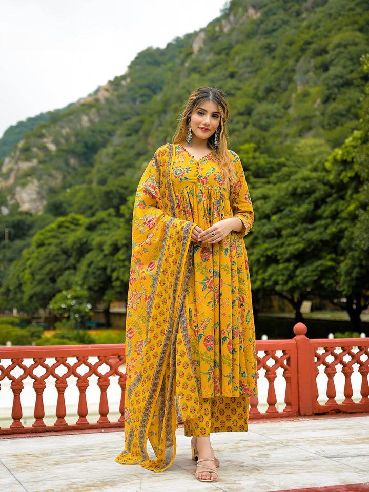 Mustard-Cotton-Floral-Print-Anarkali-3-Piece-Kurta-Set