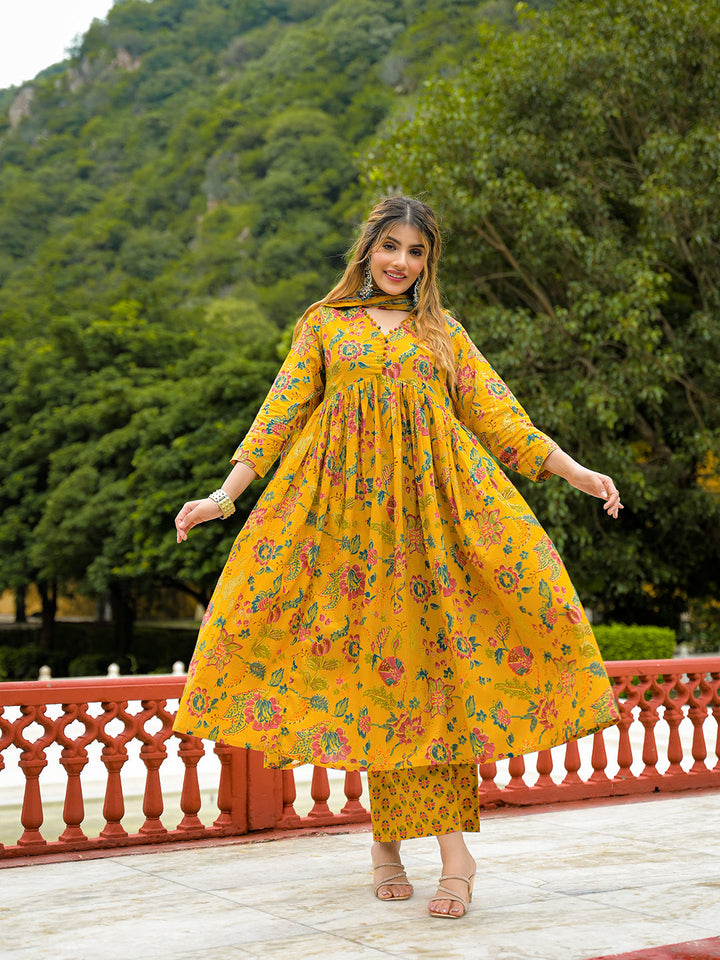 Mustard-Cotton-Floral-Print-Anarkali-3-Piece-Kurta-Set