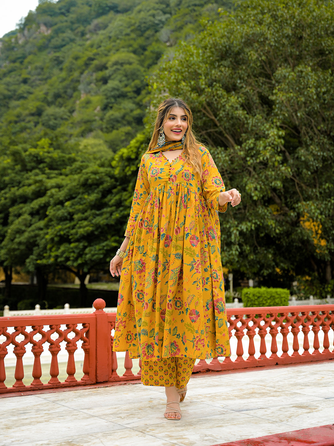 Mustard-Cotton-Floral-Print-Anarkali-3-Piece-Kurta-Set
