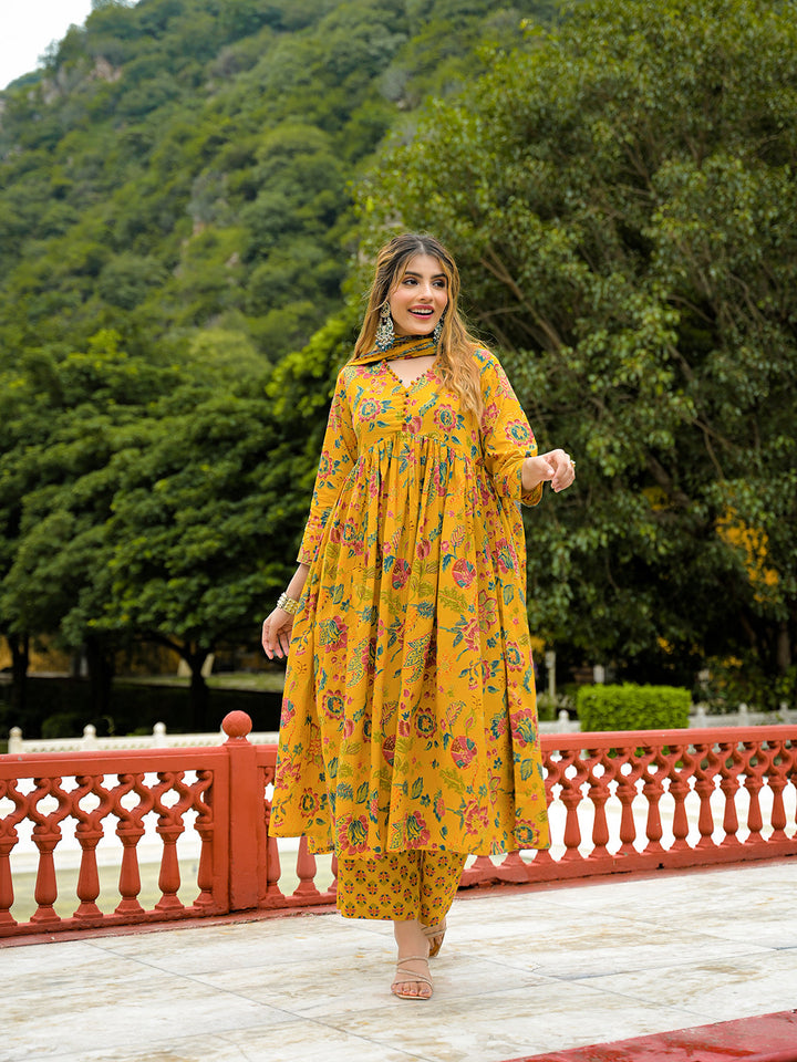 Mustard-Cotton-Floral-Print-Anarkali-3-Piece-Kurta-Set