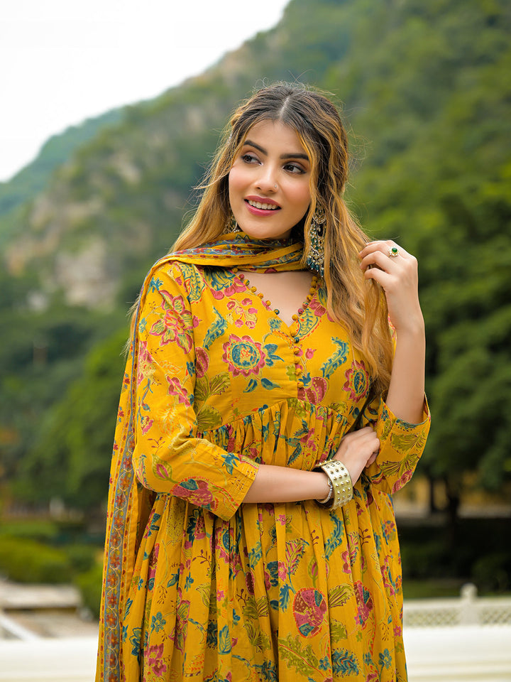 Mustard-Cotton-Floral-Print-Anarkali-3-Piece-Kurta-Set