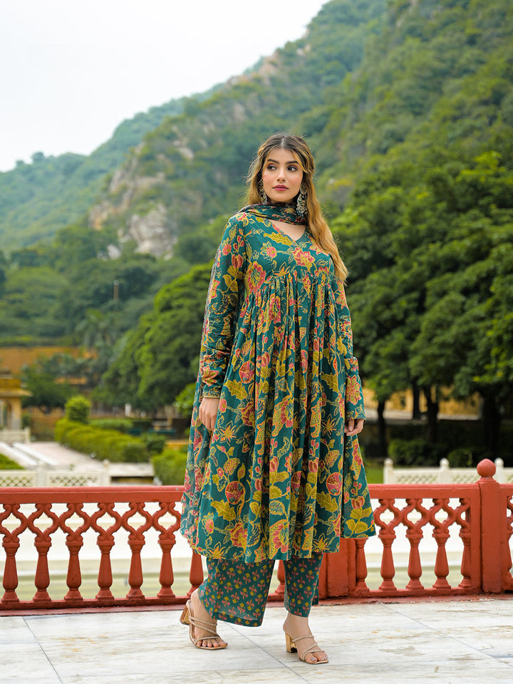 Dark-Cotton-Green-Straight-3-Piece-Kurta-Set