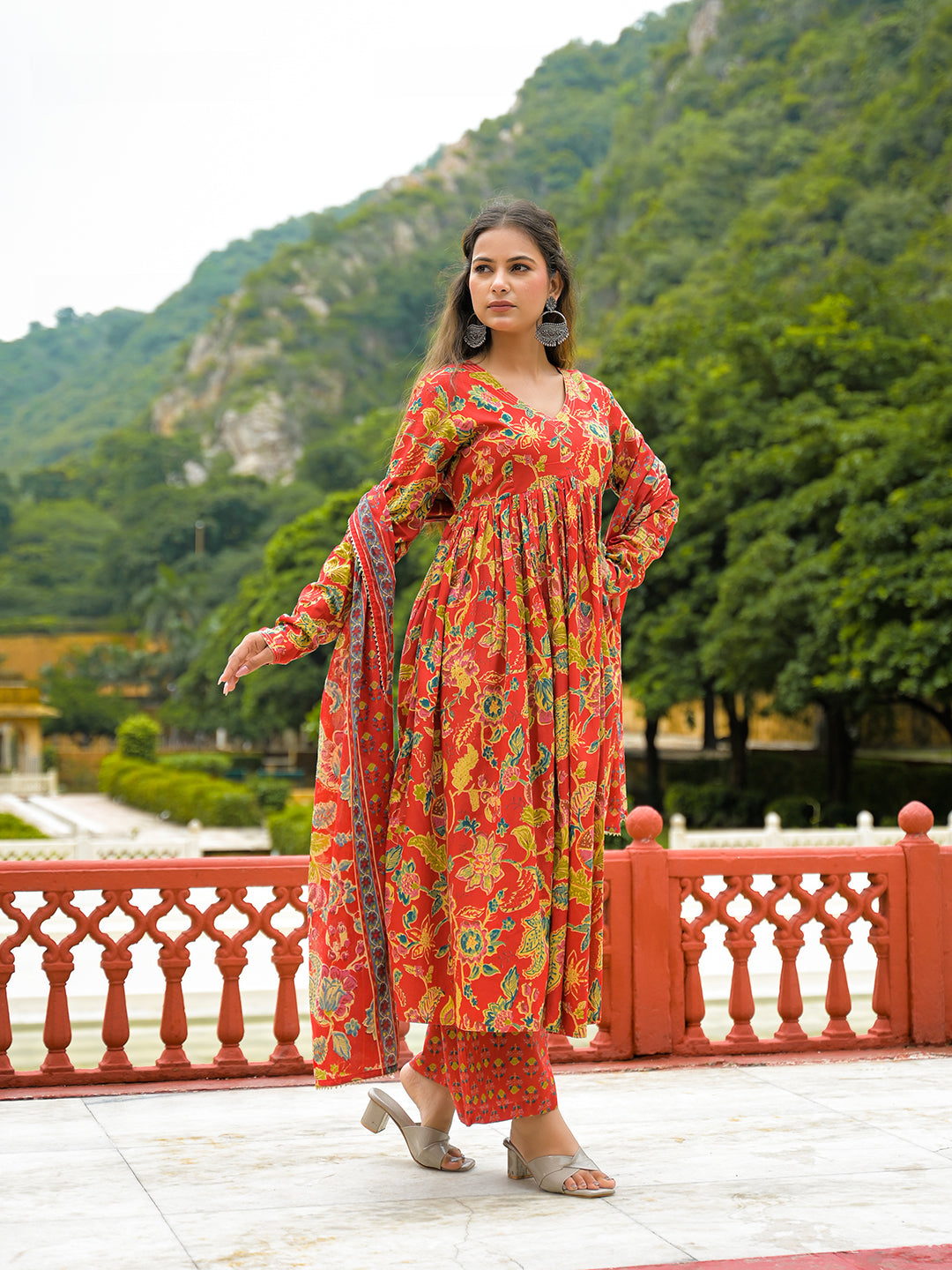 Red-Cotton-Straight-3-Piece-Kurta-Set