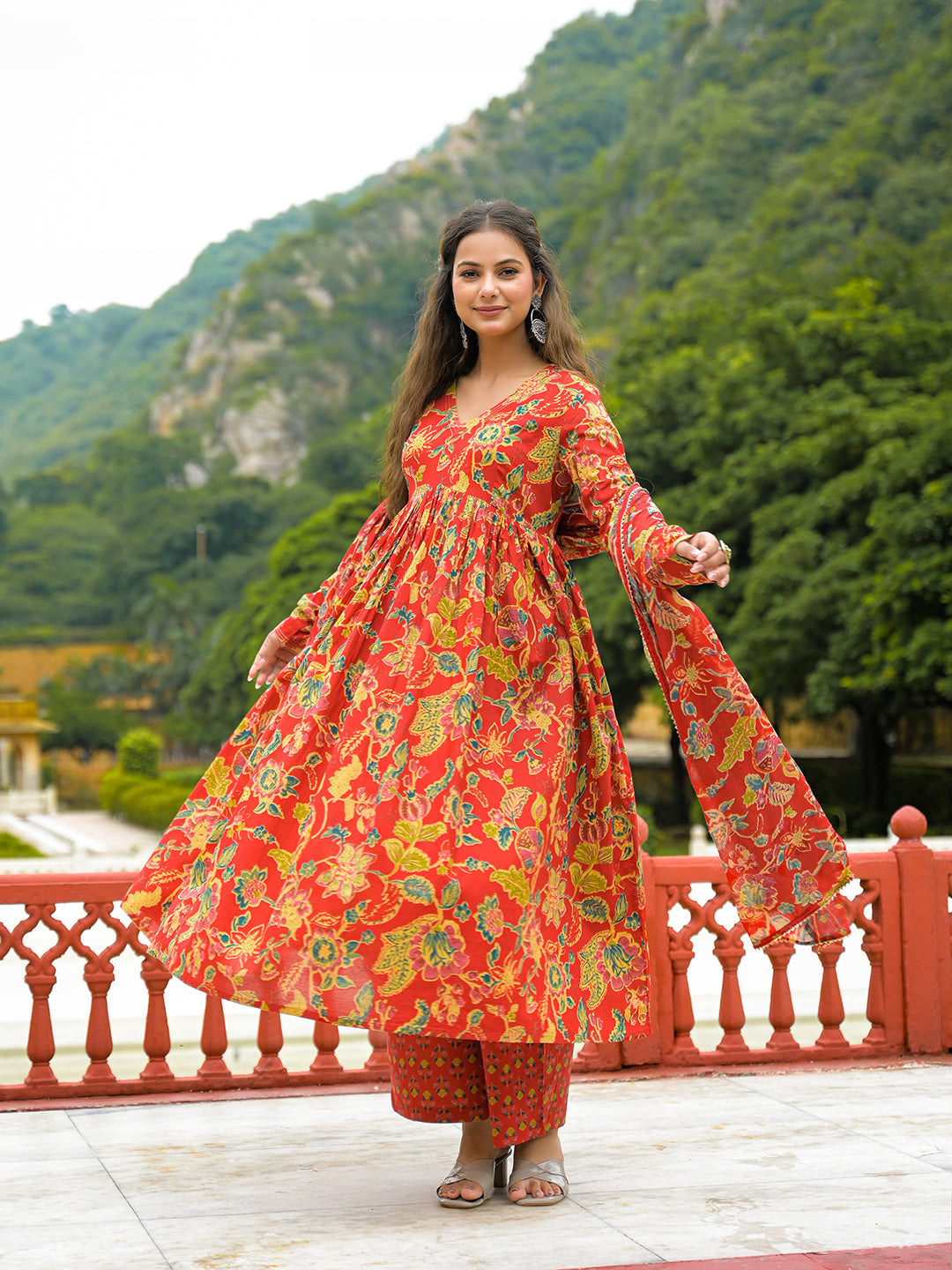 Red-Cotton-Straight-3-Piece-Kurta-Set