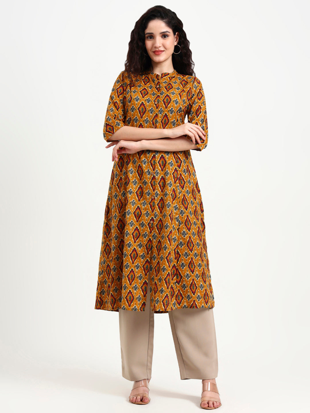 Mustard-Ikkat-Print-Cotton-Kurta-ONLY