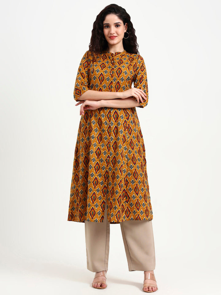 Mustard-Ikkat-Print-Cotton-Kurta-ONLY