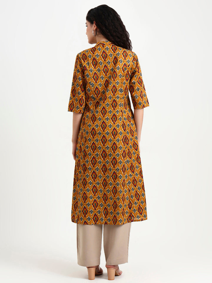 Mustard-Ikkat-Print-Cotton-Kurta-ONLY