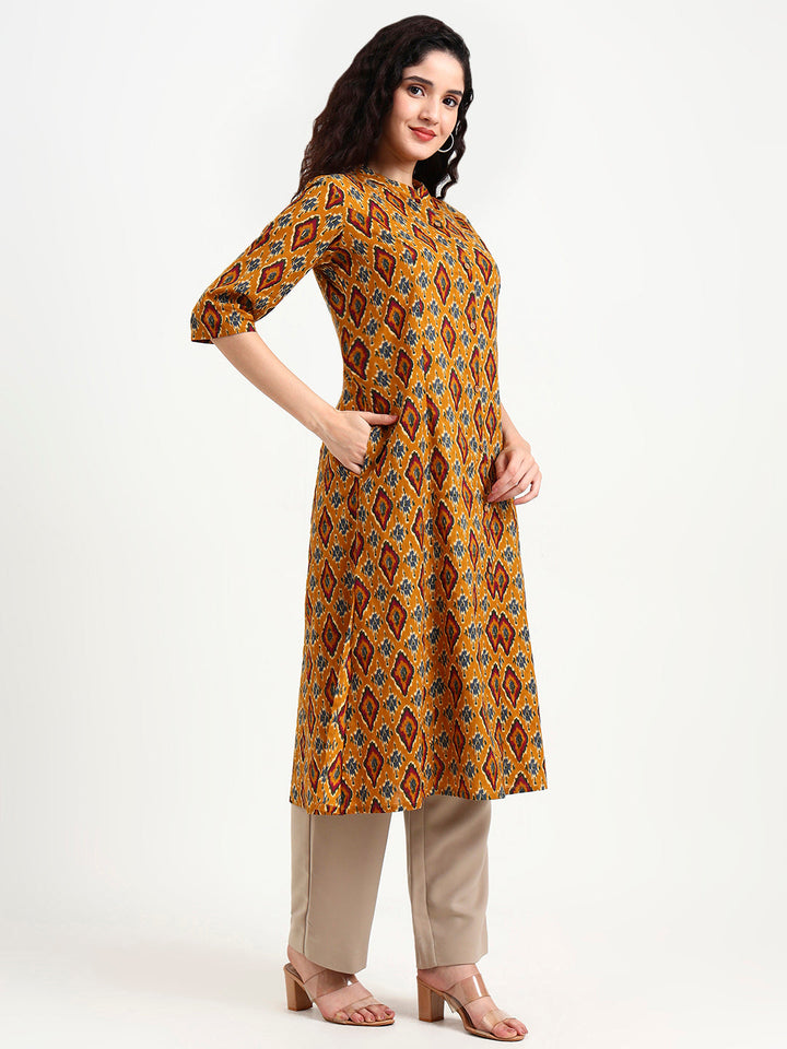 Mustard-Ikkat-Print-Cotton-Kurta-ONLY