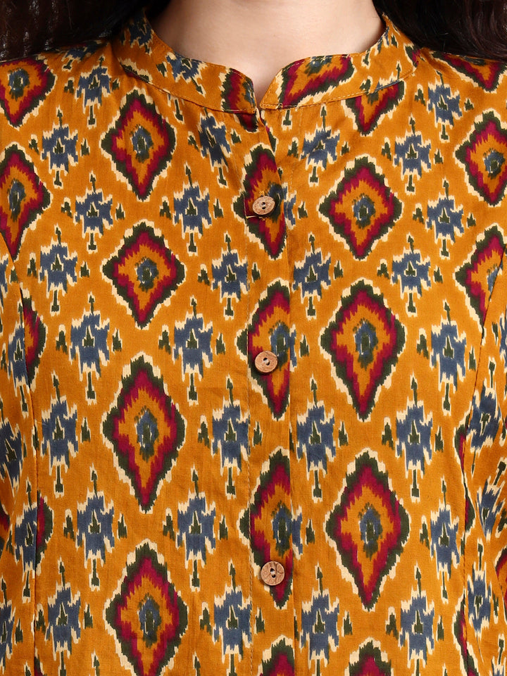 Mustard-Ikkat-Print-Cotton-Kurta-ONLY