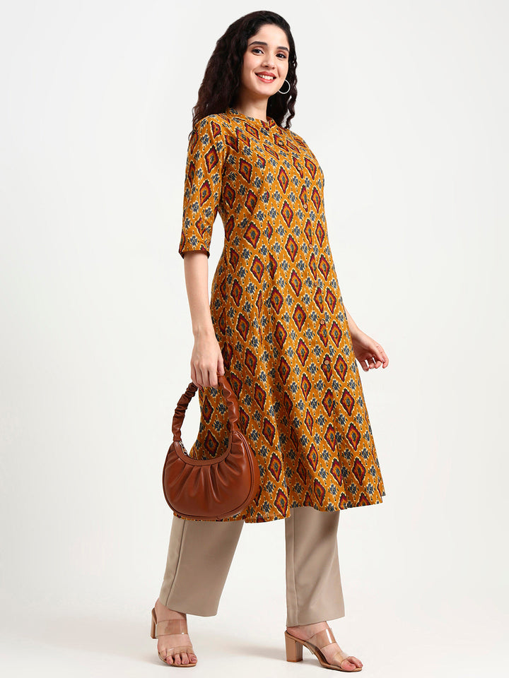 Mustard-Ikkat-Print-Cotton-Kurta-ONLY