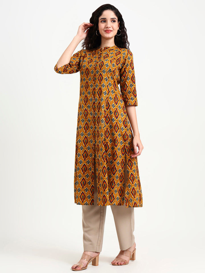 Mustard-Ikkat-Print-Cotton-Kurta-ONLY