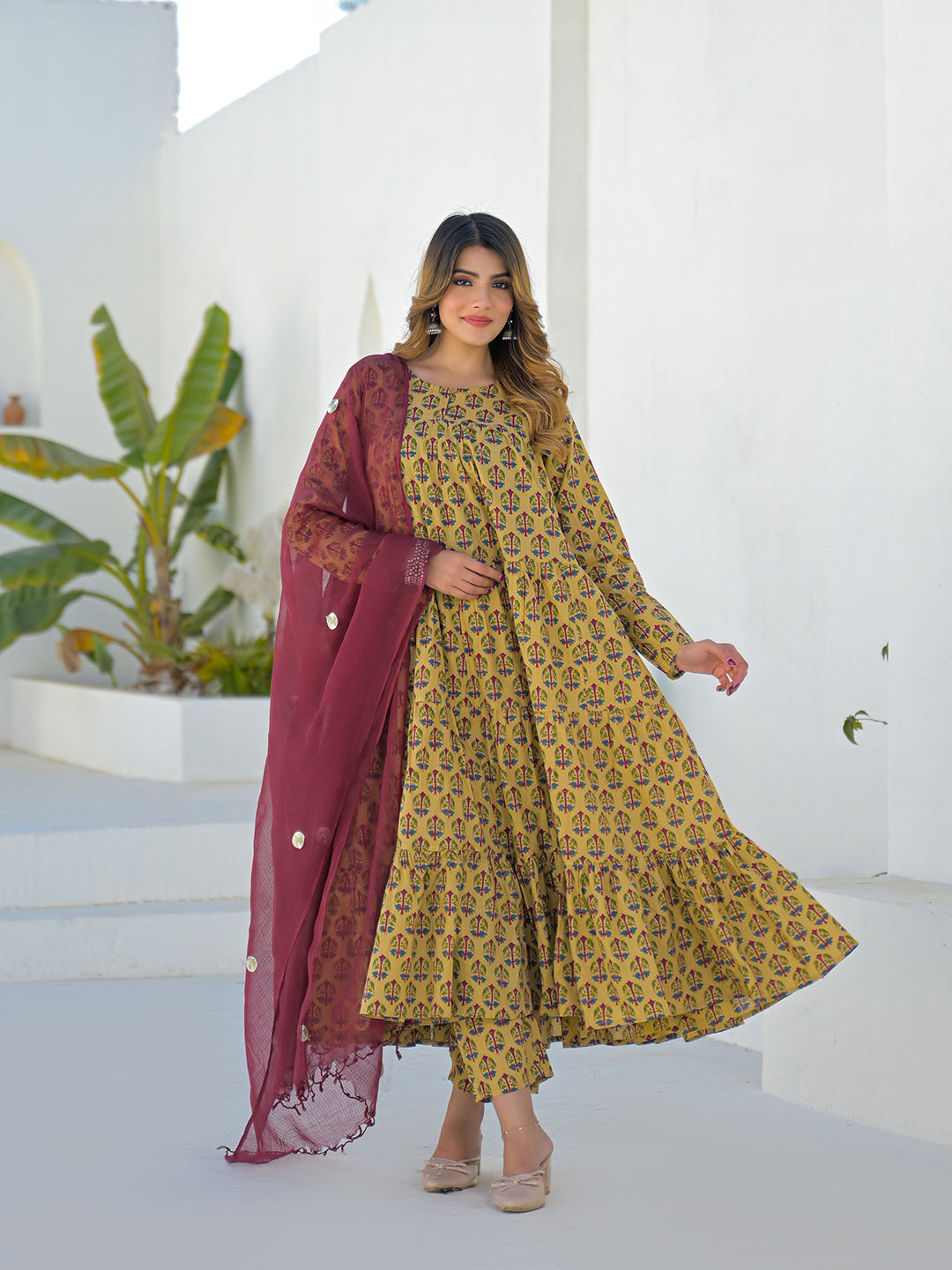 Beige Cotton Round Neck Anarkali Kurta Pant Set With Kota Doria Dupatta
