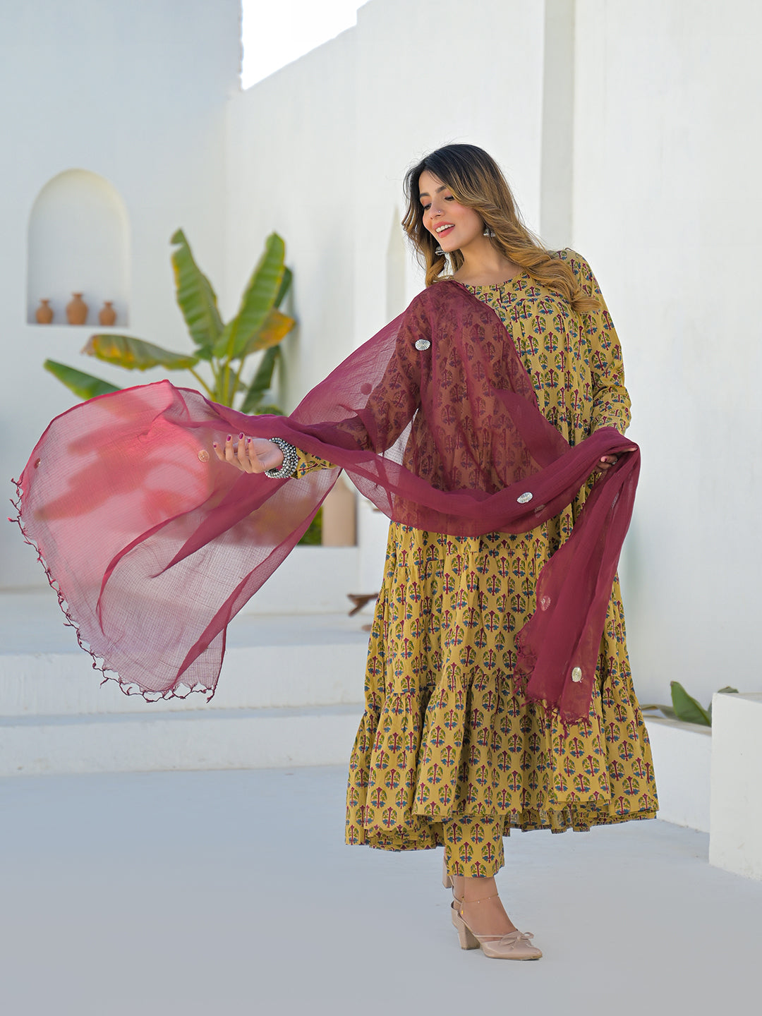 Beige Cotton Round Neck Anarkali Kurta Pant Set With Kota Doria Dupatta