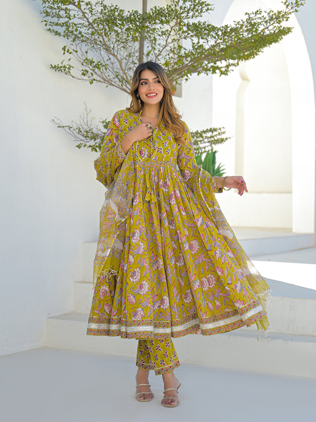 Mustard Hand Block Cotton Anarkali Kurta Pant Set With Dupatta
