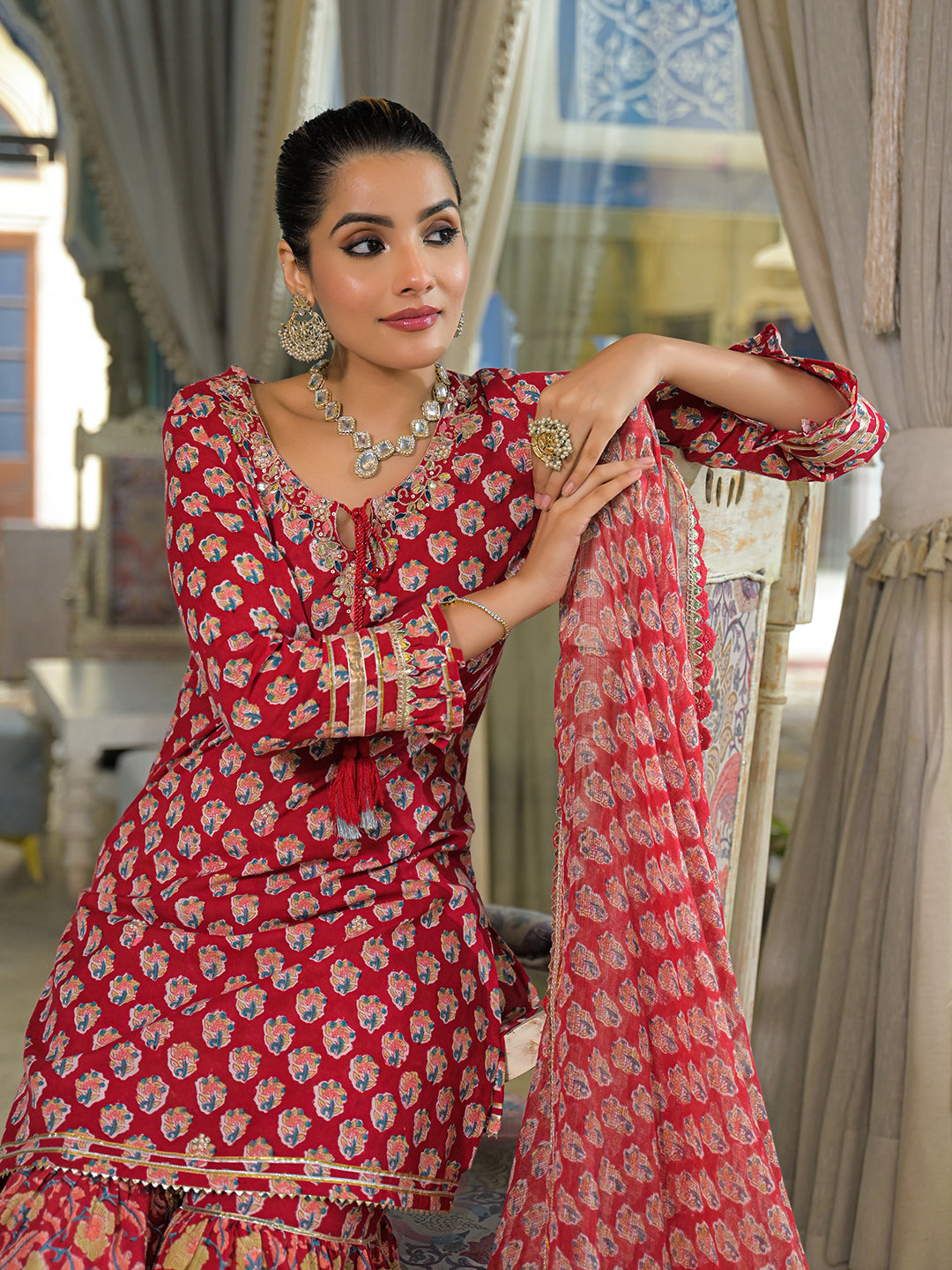 Red-Cotton-Handblock-Straight-3-Piece-Sharara-Set