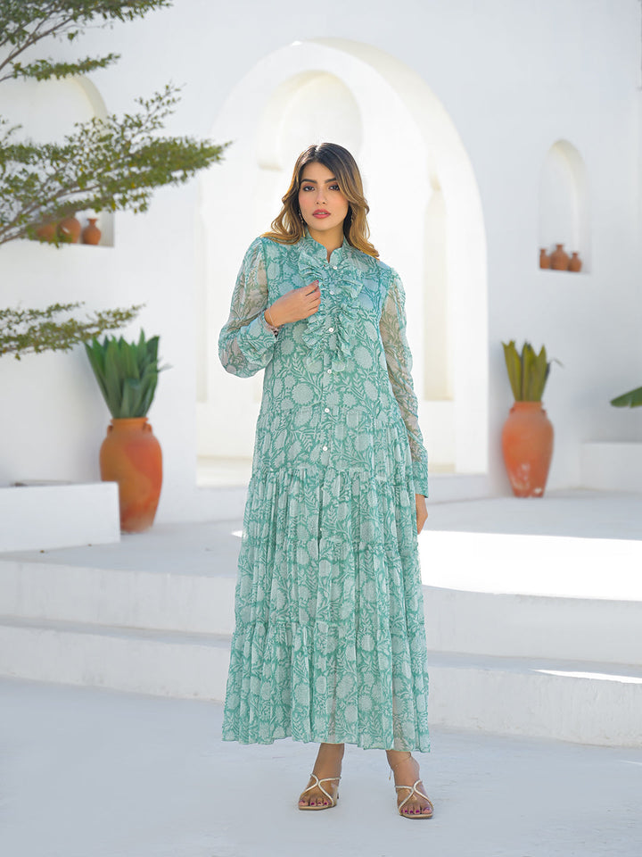 Green Georgette Long Sleeve Maxi Dress