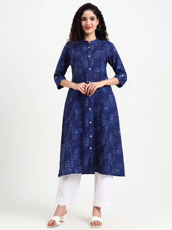 Indigo-Blue-Rayon-Geometric-Print-Kurta-ONLY