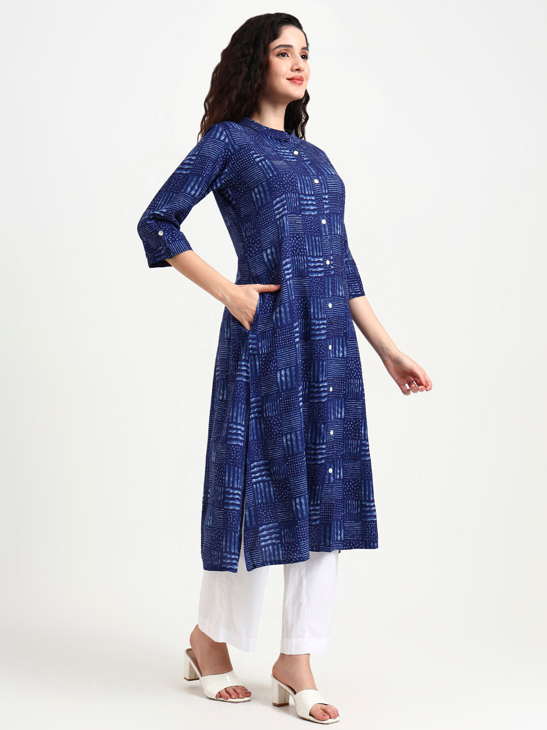 Indigo-Blue-Rayon-Geometric-Print-Kurta-ONLY