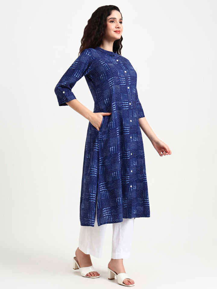 Indigo-Blue-Rayon-Geometric-Print-Kurta-ONLY