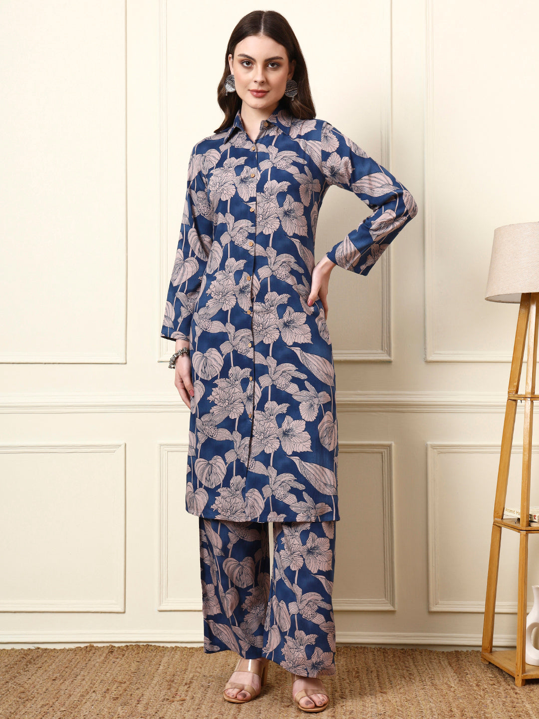 Blue Shirt Coller Long Sleeves Rayon Co-ords Sets