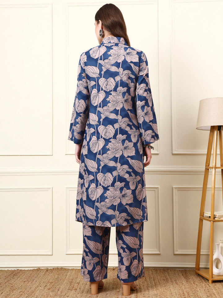 Blue Shirt Coller Long Sleeves Rayon Co-ords Sets