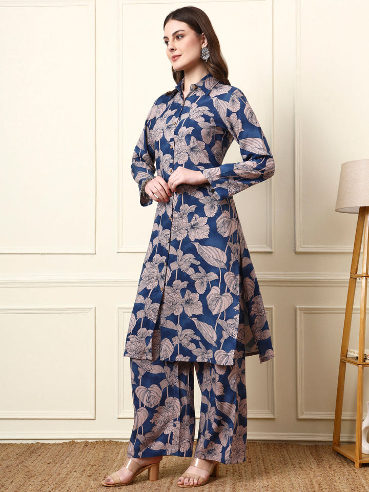 Blue Shirt Coller Long Sleeves Rayon Co-ords Sets