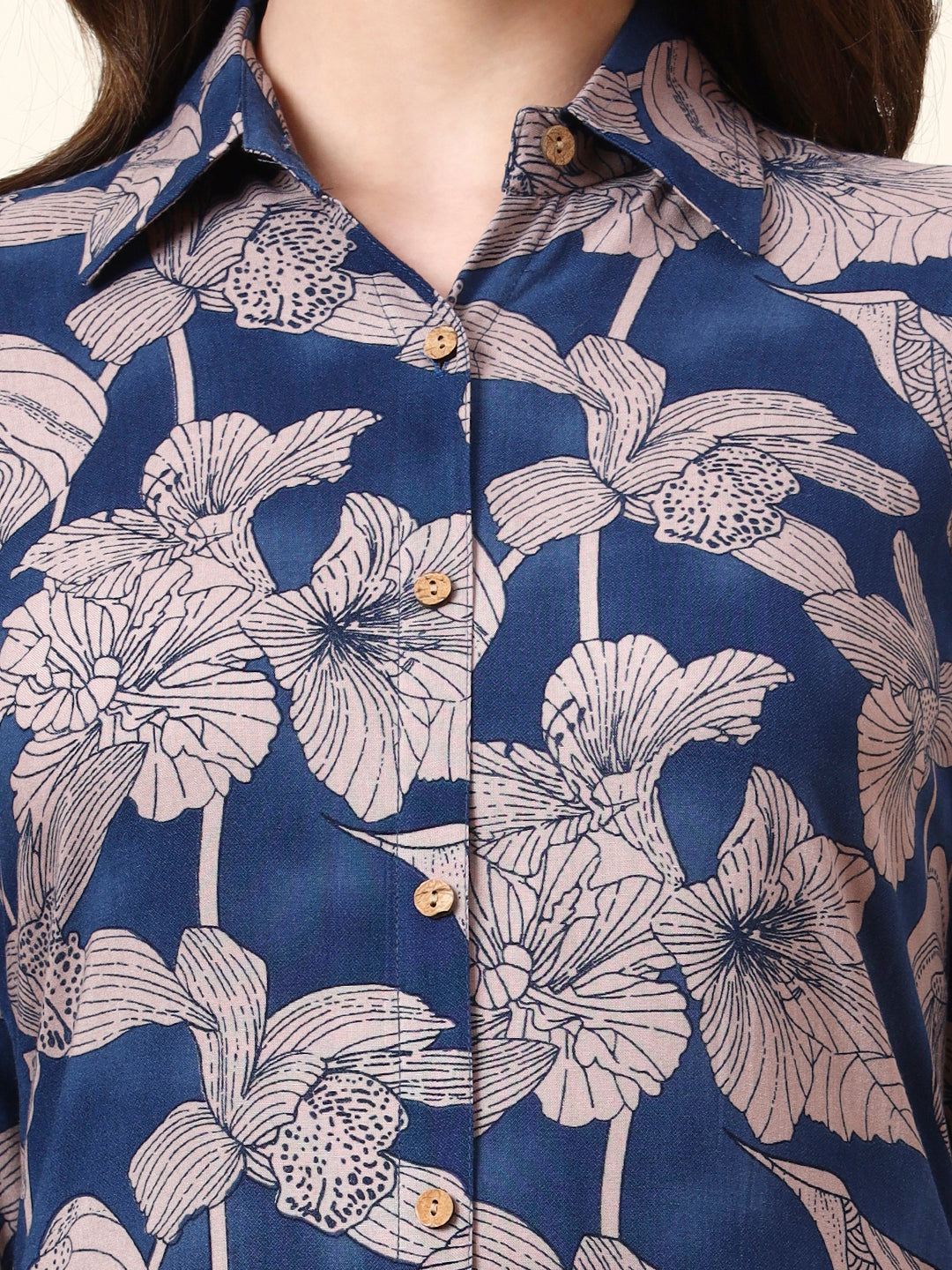 Blue Shirt Coller Long Sleeves Rayon Co-ords Sets