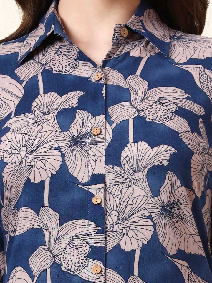 Blue Shirt Coller Long Sleeves Rayon Co-ords Sets