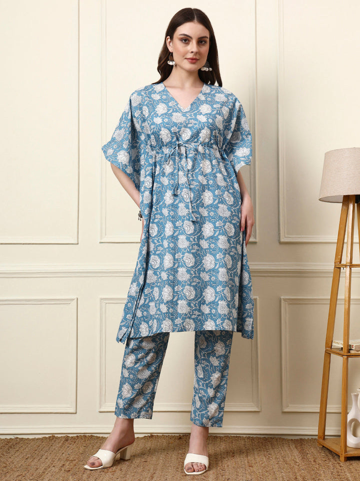 Blue V-Neck Cotton Kaaftan Co-ords Sets