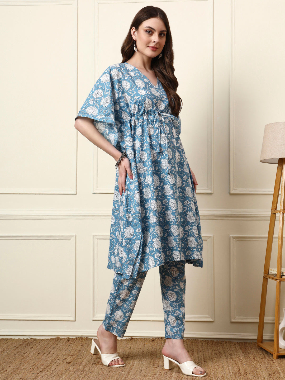 Blue V-Neck Cotton Kaaftan Co-ords Sets