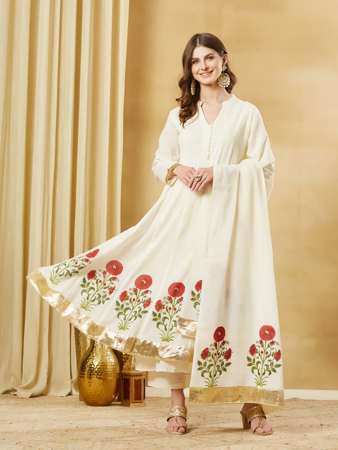 White Cotton Hand Block Print Anarkali Kurta Sets with Dupatta