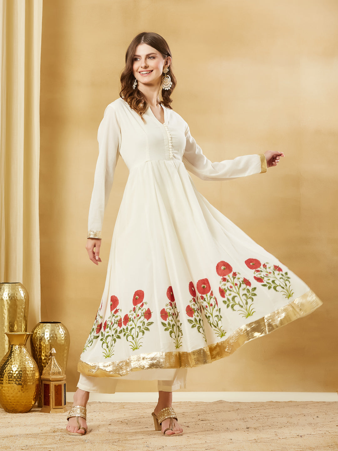 White Cotton Hand Block Print Anarkali Kurta Sets with Dupatta