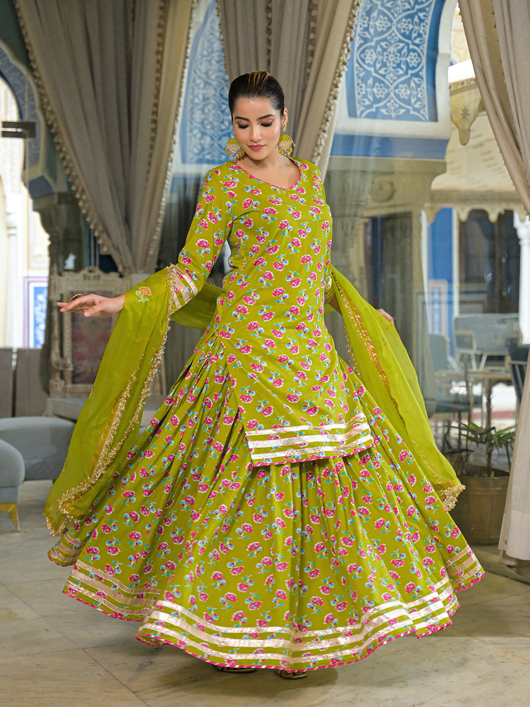 Green-Cotton-Lehenga-Sets-With-Dupatta