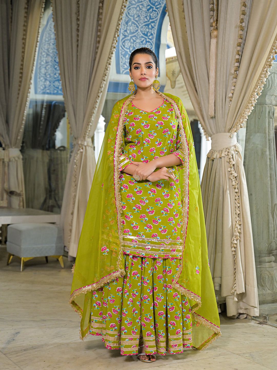 Green-Cotton-Lehenga-Sets-With-Dupatta